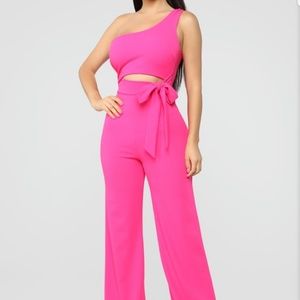 One Shoulder Wide Leg Fuschia Jumpsuit